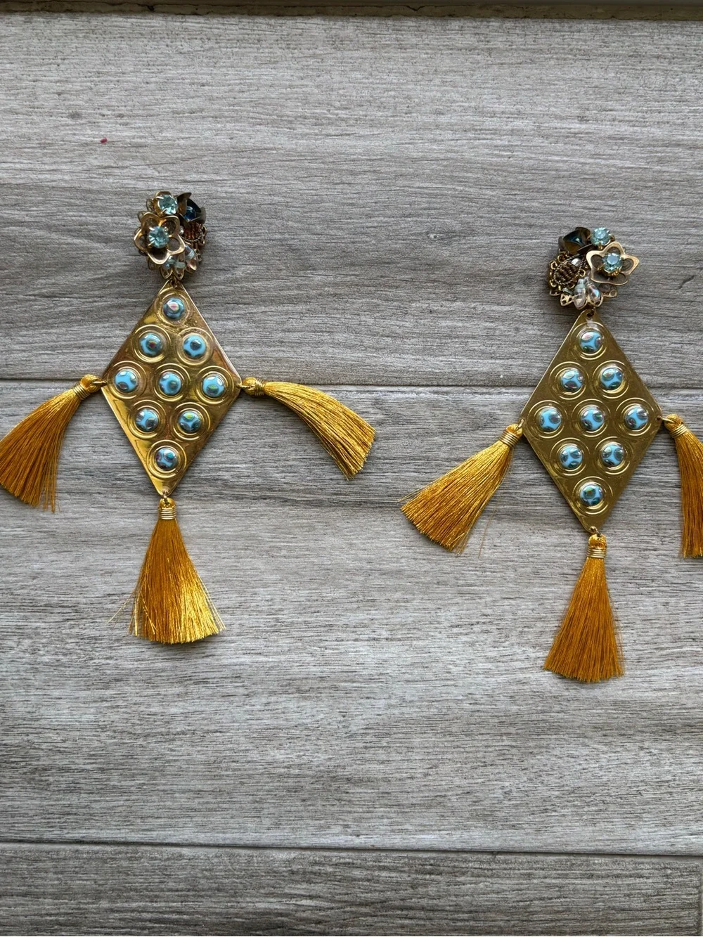 Mercedes Salazar Gold and Turquoise Tassel Drop Earrings Colombian